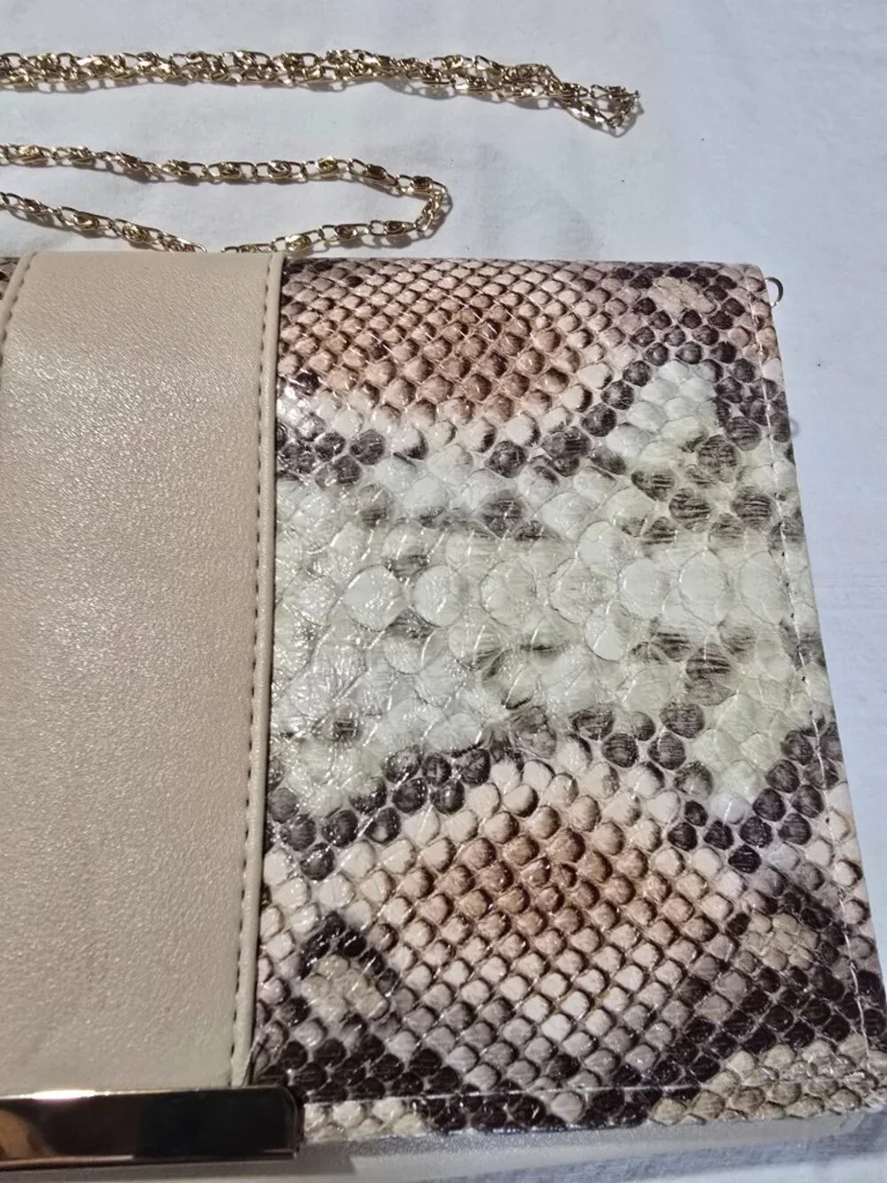 Faux Snakeskin & Beige Clutch Crossbody Evening Bag with Gold Chain Strap